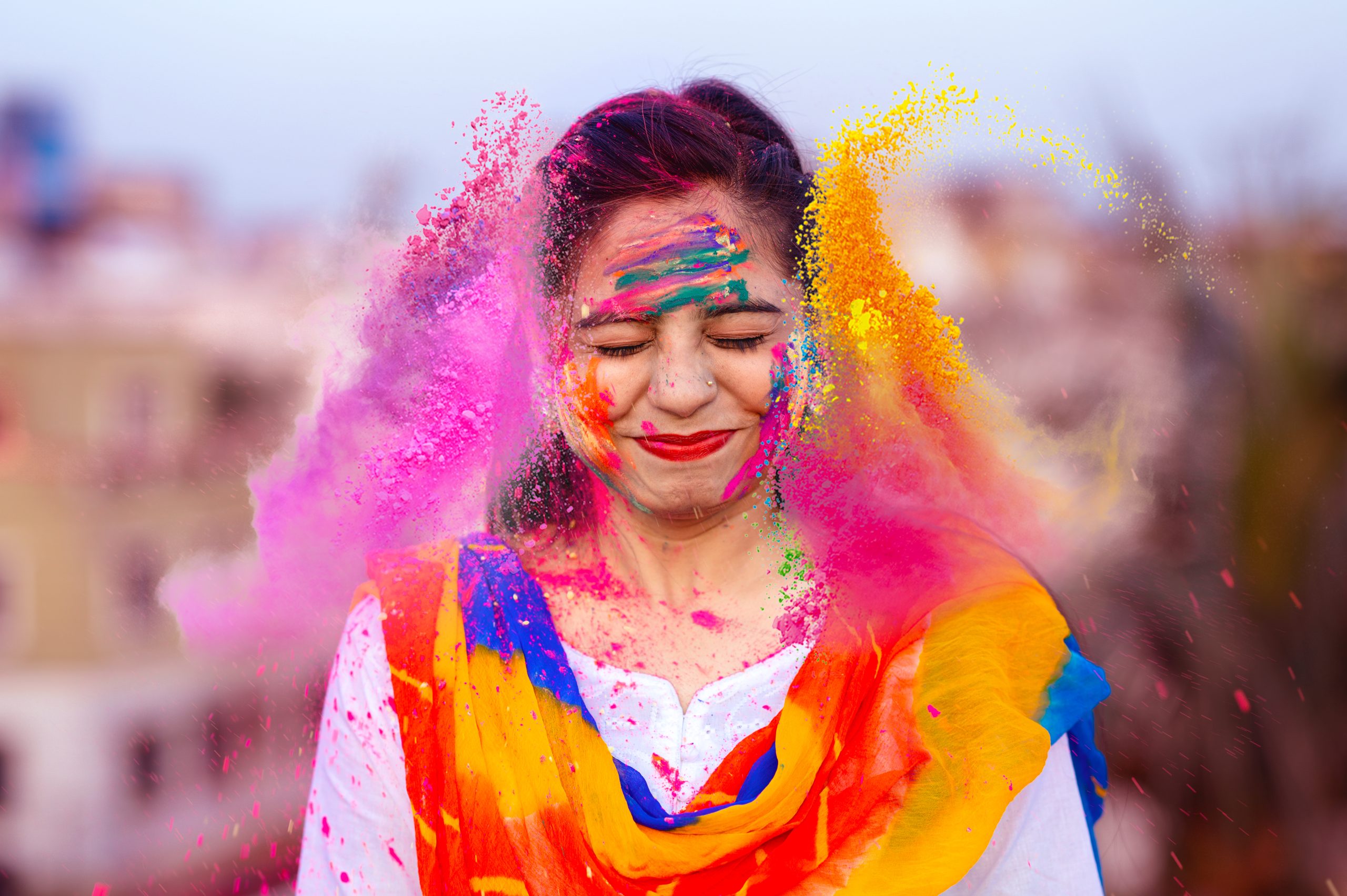 Portrait of woman celebrating Holi Indian Holiday